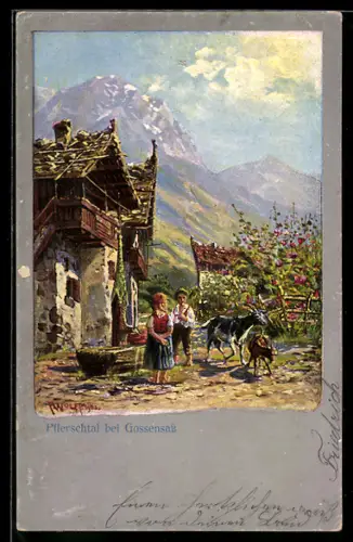 Künstler-AK Gossensass, Kinder mit Ziegen im Pflerschtal