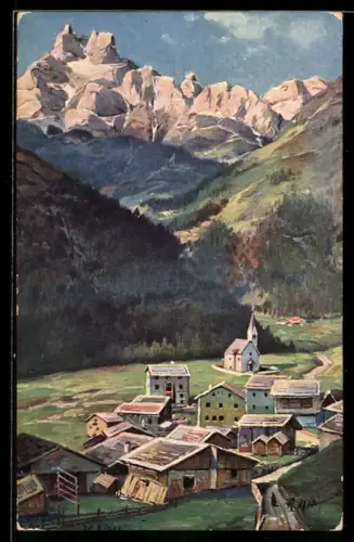 Künstler-AK Arabba in Buchenstein, Teilansicht mit Dolomitenstrasse