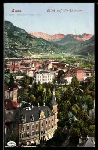 AK Bozen, Blick über die Dächer des Ortes mit Blick auf die Dolomiten