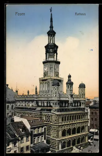 AK Posen, Rathaus in der Aussenansicht über den Dächern des Ortes