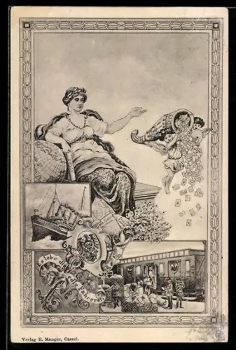 AK Postbeförderung mit Schiff, Bahn und per Engel, die ihr Füllhorn mit Briefen ausschütten