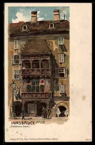 Lithographie Innsbruck, goldenes Dachl mit Leuten auf der Strasse