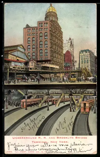 AK New York, Underground R.R. and Brooklyn Bridge Terminal, U-Bahn, Strassenbahn