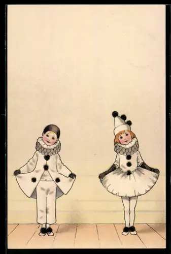 AK Zwei Kinder in Pierrot-Kostümen stehen vor einer Wand