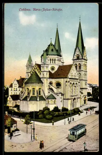 AK Koblenz, Herz-Jesu-Kirche mit Strassenbahn