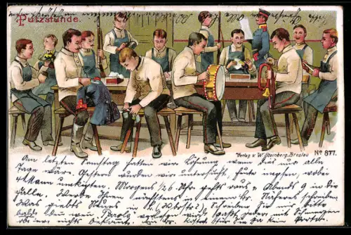 AK Soldaten bei der Putzstunde mit Helm, Trommel und Gewehr