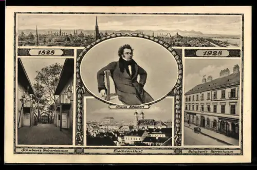 AK Wien, Schubert-Zentenarfeier, Portrait von Franz Schubert, Geburtshaus, Liechtenthal, Sterbehaus