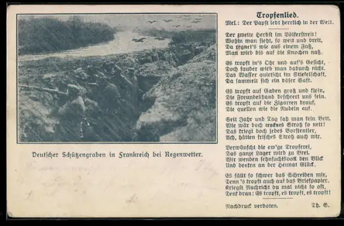 AK Deutscher Schützengraben in Frankreich bei Regenwetter