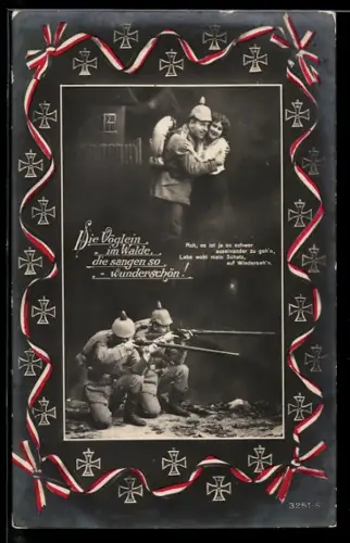 AK Zwei Soldaten in Feldgrau Uniform mit angelegtem Gewehr, Soldat mit seiner Liebsten, Eisernes Kreuz 1914