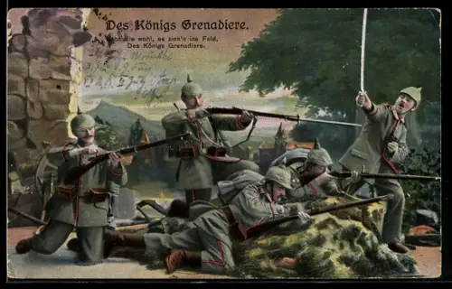 AK Grenadiere in Uniform mit Pickelhaube und Gewehr in Feuerstellung