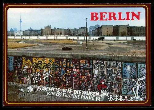 AK Berlin, Blick über die Berliner Mauer am Potsdamer Platz, Fernsehturm im Hintergrund, deutsch-deutsche Grenze