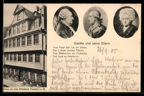AK Frankfurt a. M., Portraits von Goethe und seinen Eltern neben dem Goethehaus