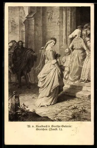 AK Szene aus Goethes Faust, Gretchen zur Kirche gehend