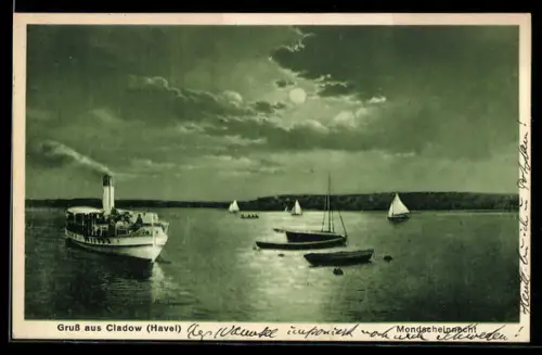 AK Berlin-Kladow, Cladow /Havel, Dampfer bei Mondschein