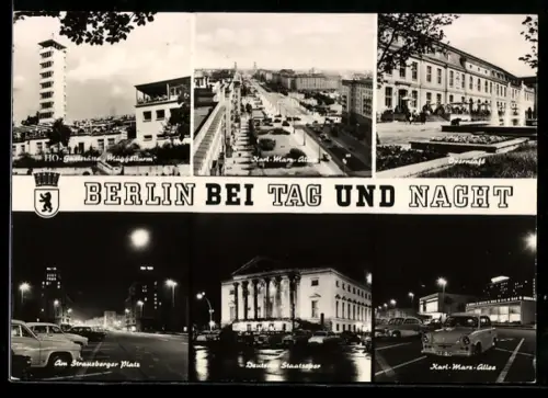 AK Berlin, HO-Speisesaal Müggelturm, Karl-Marx-Allee, Deutsche Staatsoper, Strausberger Platz