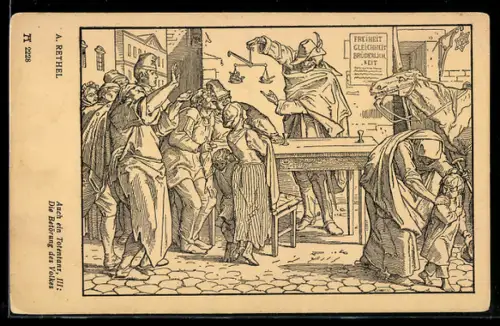 Künstler-AK Der Tod wiegt eine Krone und Pfeife auf einer Waage