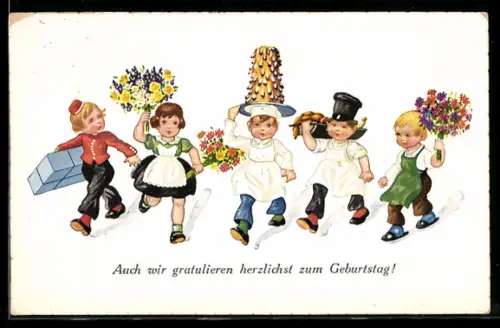 AK Kinder mit Geschenken, Kuchen und Blumen