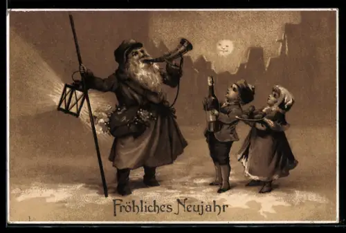 AK Nachtwächtermit Horn und Kindern, Neujahrsgruss
