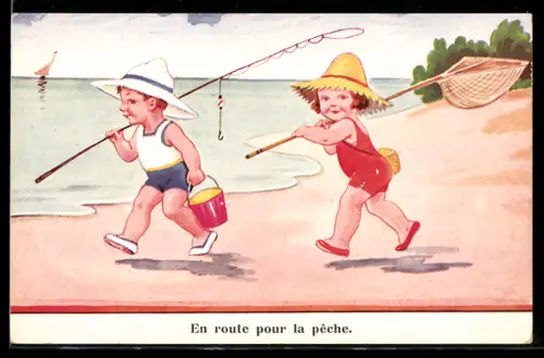 AK Kinder auf dem Weg zum Angeln