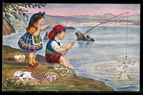 Künstler-AK Zwei Kinder beim Angeln, Hund stiehlt Fische