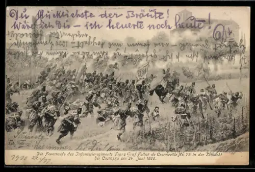Künstler-AK Custozza, Feuertaufe des Infanterieregiments Franz Graf Follist de Crenneville No. 75