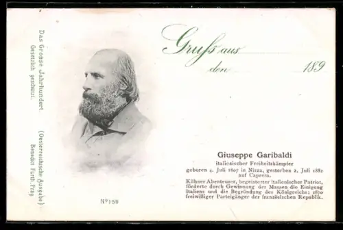 AK Portrait Freiheitskämpfer Giuseppe Garibaldi, italienischer Unabhängigkeitskrieg