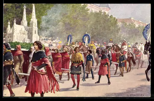 Künstler-AK C.Benesch: Wien, Kaiser-Jubil. Huldungsfestzug 1908