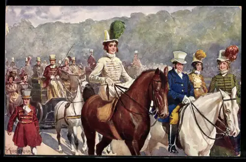 Künstler-AK Kaiser-Jubiläums-Huldigungsfestzug, Wien 1908, Gr. XVII: Praterkorso aus der Zeit des Wiener Kongresses