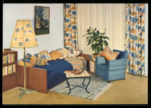 AK Reklame für Indanthrenfarbige Stoffe, Wohnzimmer