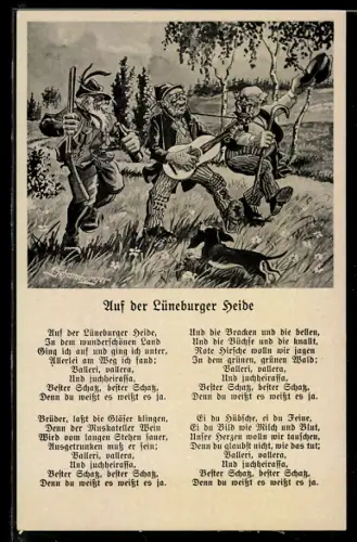 Lied-AK Auf der Lüneburger Heide, drei alte Männer mit Gewehr, Gitarre und Gehstock
