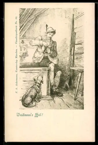 Künstler-AK sign. Defregger: Waidmann`s Heil!, Mann mit Hund