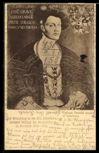 AK Porträt Landgraf Philipp der Grossmütige von Hessen-Darmstadt, 400. Geburtstag 1904, Wappen