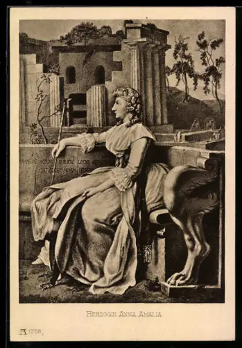 AK Herzogin Anna Amalia von Sachsen-Weimar-Eisenach sitzt auf einer Steinbank, Tempelruine