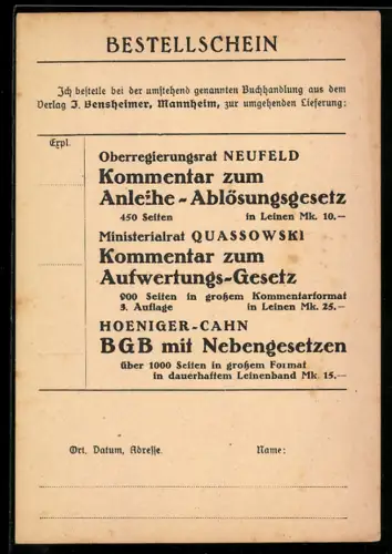 AK Verlag J. Bensheimer, Bestellkarte Sammlung Deutscher Gesetze