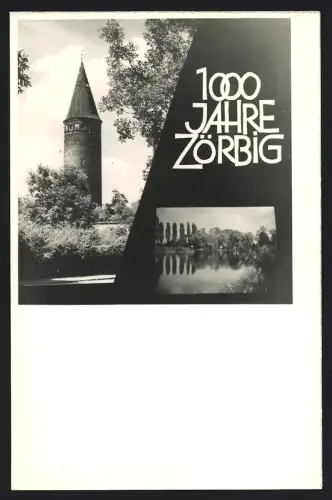 Fotografie unbekannter Fotograf, Ansicht Zörbig, Turm und Teichlandschaft, 1000 Jahre Zörbig