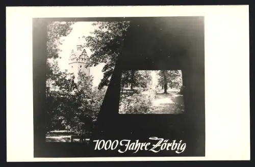 Fotografie unbekannter Fotograf, Ansicht Zörbig, 1000 Jahre Zörbig, Szenerie mit Turm und Parklandschaft