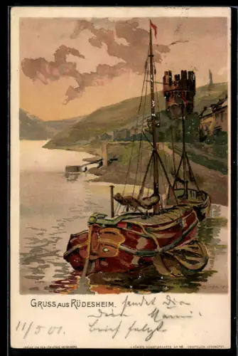 Künstler-AK C. Pfaff: Rüdesheim, Ortspartie mit Rhein, Boot und Turm
