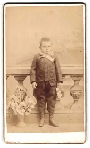 Fotografie Heinr. Harmsen, Wien, Hauptstrasse 26, Porträt eines Jungen mit Blumenstrauss