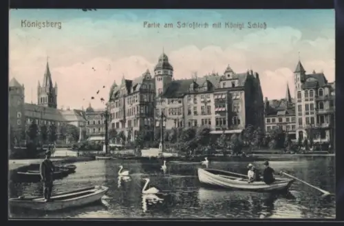 AK Königsberg, Partie am Schlossteich mit Königl. Schloss