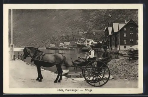 AK Odda, Hardanger, Pferdekutsche am Fjordufer