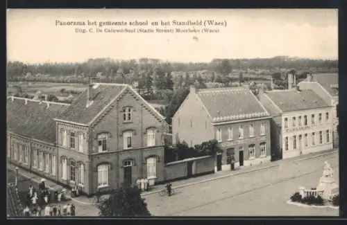 AK Moerbeke /Waes, Panorama het gemeente school en het Standbeeld