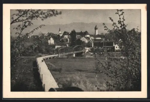 AK Rann, Ortsansicht mit Brücke und Kirchturm