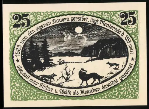 Notgeld Menteroda 1921, 25 Pfennig, Füchse und Wölfe im Wald, Vogelhaus mit Vogel