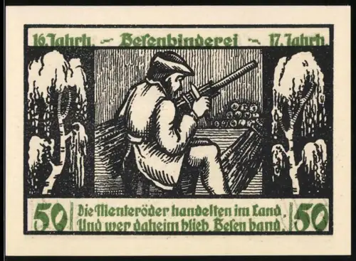Notgeld Menteroda 1921, 50 Pfennig, Besenbinder und Landschaft mit Kirche und Mühle