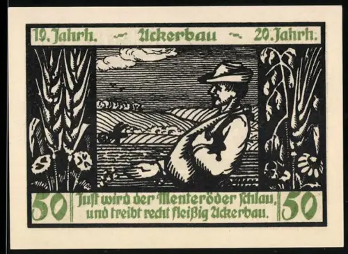 Notgeld Menteroda 1921, 50 Pfennig, Bauer bei der Feldarbeit, Kirche und Windmühle