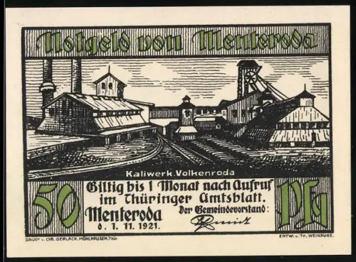 Notgeld Menteroda 1921, 50 Pf, Kaliwerk Volkenroda und Bergbau-Symbole mit Bergleuten