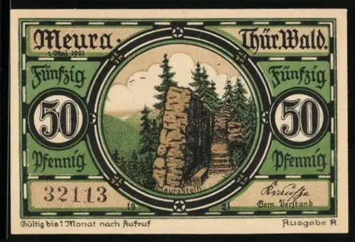 Notgeld Meura im Thür. Wald 1921, 50 Pfennig, Meuselstein und Landschaft mit Blumenwappen