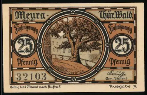 Notgeld Meura /Thür. Wald 1921, 25 Pfennig, Angerlinde und Landschaft mit Wappen im Thüringer Wald