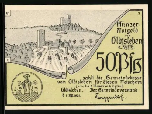 Notgeld Oldisleben a. Kyffh. 1921, 50 Pf, Burgruine und Pferdekarren zur Burg Heldrungen