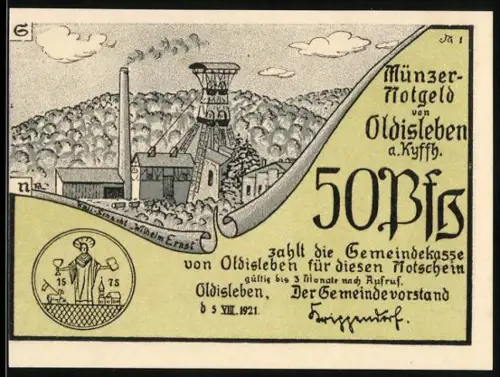 Notgeld Oldisleben a. Kyffh. 1921, 50 Pf, Bergwerk und Thomas Müntzer predigt zum Aufruhr